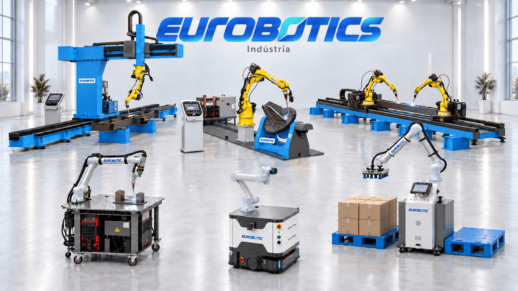 Células industriais de soldagem robotizada com pórticos azuis e robôs amarelos